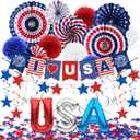 4th of July Decorations, 33PCS Patriotic Memorial Day Decorations Set with Banner, USA Balloons, Paper Fans, Star Streamer, Hanging Swirls, Paper Pom Poms for Fourth of July Red White and Blue