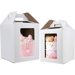 KBG Tall Cake Boxes 12 Pcs 12x12x14 and 14x14x16 Inches With Window and Handle,Disposable Large Tiered Cake Carrier Cake Containers 12Inch 14 Inch