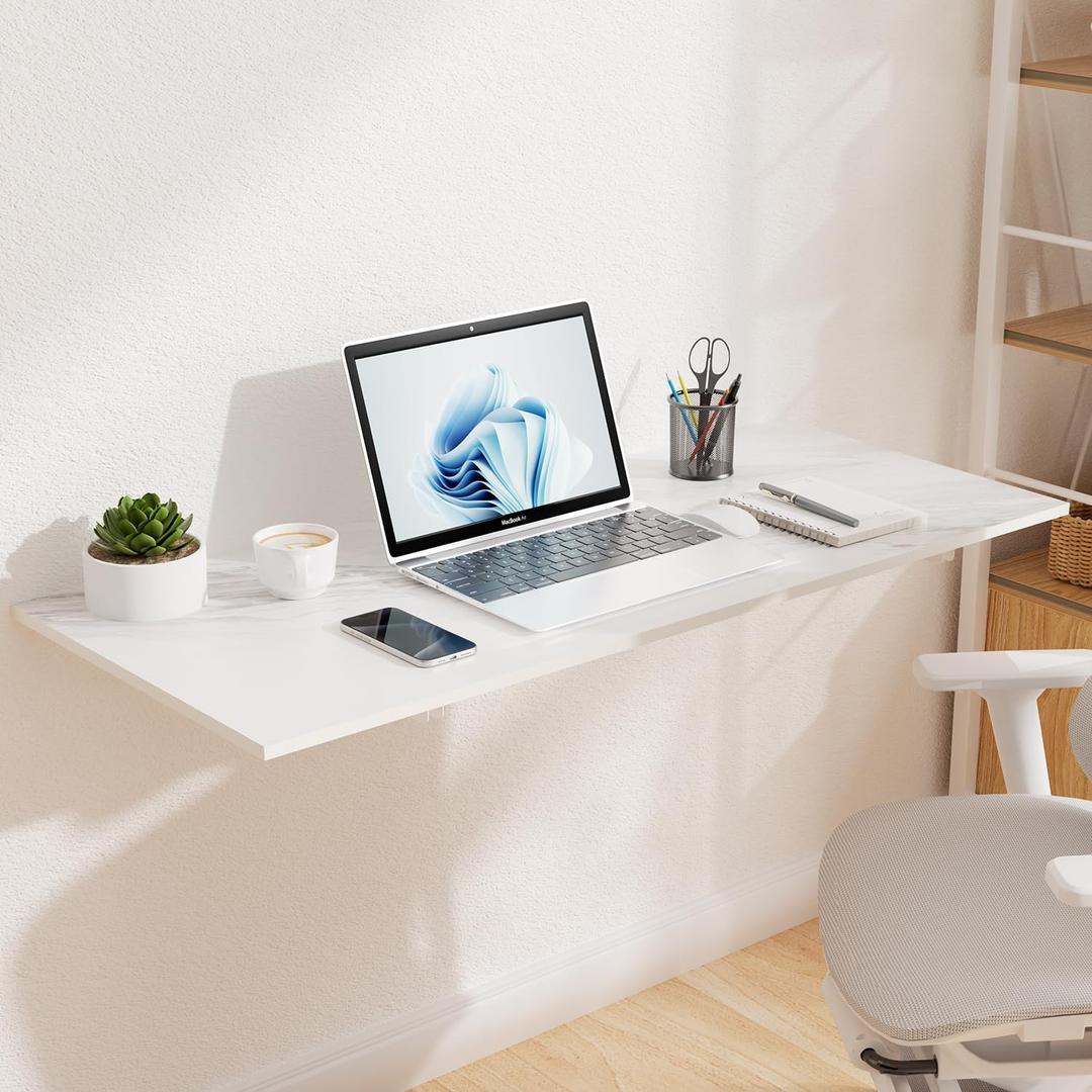 GOYLSER Wall Mounted Folding Table for Office, White Marble Fold Down Desk Laundry Folding Table Wall Mounted for Laundry Room/Home Kitchen, Length 47" Width 20.5"