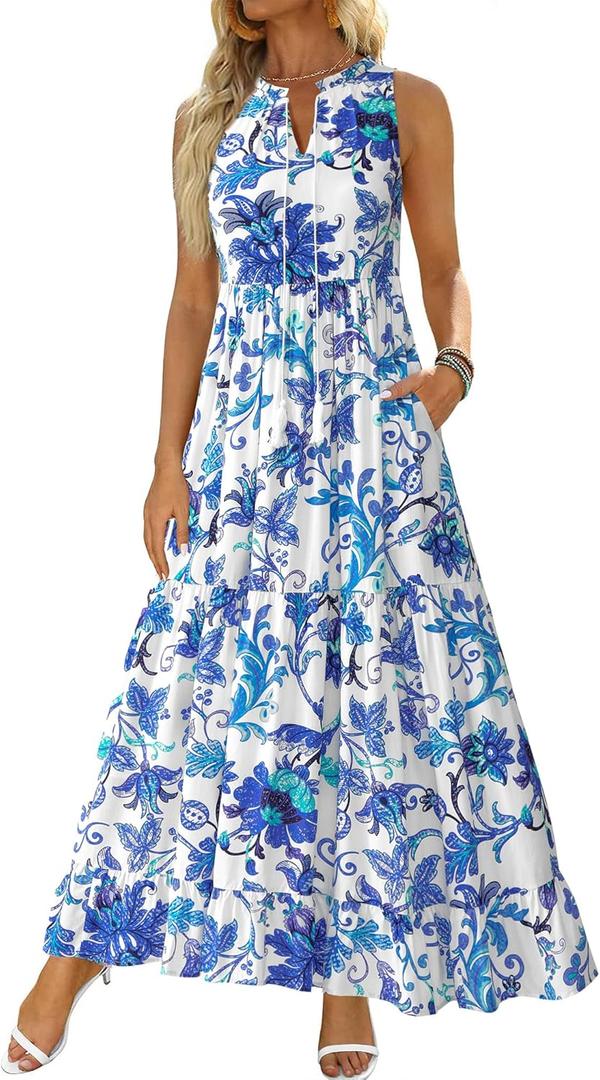 BTFBM Womens Summer Maxi Dresses 2025 Casual Sleeveless V Neck Loose Fit Floral Boho Dress Beach Long Sundress (M)