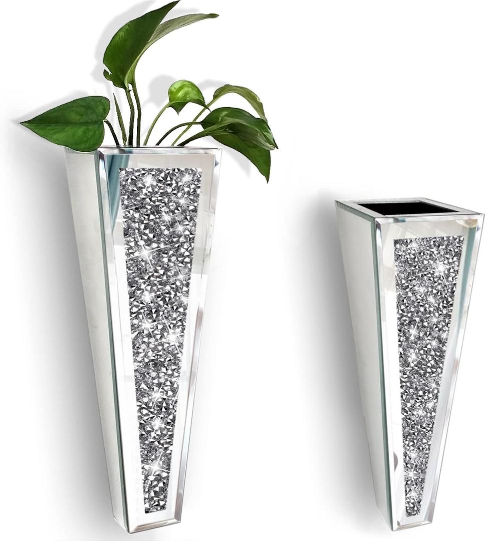 Flower Vase Crushed Diamond Mirrored Hanging Planter& Geometric Decor Mirrored Container,Silver Decorative Mirror Vase Luxury for Home Decor.befit for Faux Plants.Cant Hold Water.(Set of 2) (3.5x11.2 inch)