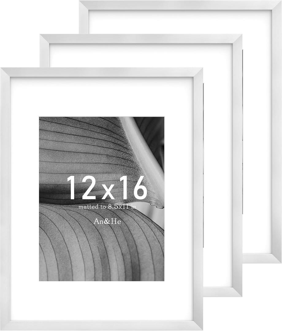 An&He 12x16 Picture Frame, Silver Photo Frame for Tabletop and Wall Display, Minimalist Design, Set of 3
