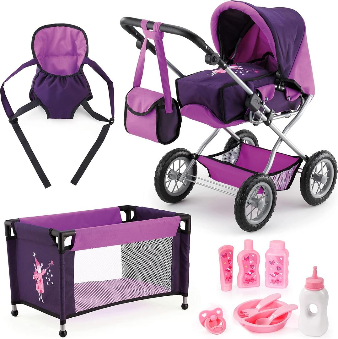Bayer Design Baby Doll Pram Combi Grande Set - Purple - Modern Convertible Doll Stroller with Removable Carrycot