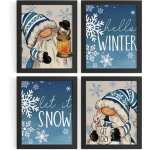 DSHFG Christmas Gnome Winter Pictures Bathroom Wall Art Decor Prints 8x10, Christmas Wall Decor for Home Bathroom Bedroom Living Room Kitchen, Set of 4, Unframed