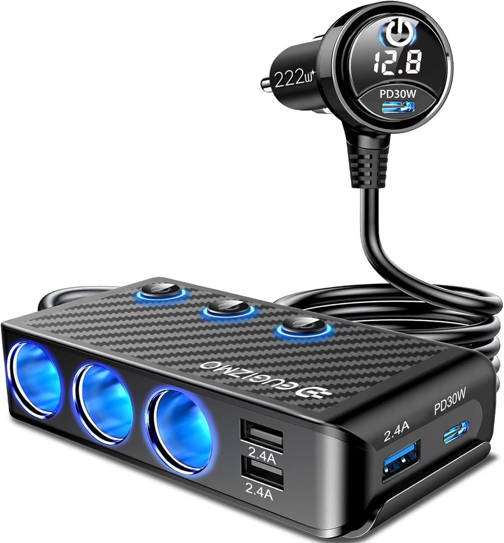 Eugizmo Cigarette Lighter Splitter Adapter, 300W Powerful USB C Cigarette Lighter Splitter Car Charger Port Cargador para Carro PD 65W 30W & QC3.0 Fast Charger for Car MacBook Laptop iPad iPhone