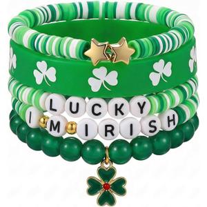 2 x St. Patrick's Day Bracelets with 4 Leaf Clover Irish Festivities Accessories Nature Stone Bracelet Trendy Gift for Adults Women