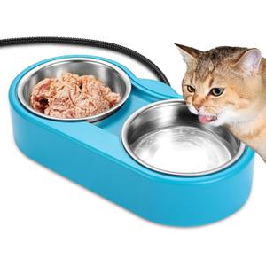 Heated Cat Bowl  Double Removable Stainless Steel Bowls, Freeze-Proof Water & Food, Overheat Protected, Chew-Resistant Cord, UL Listed (lake blue)