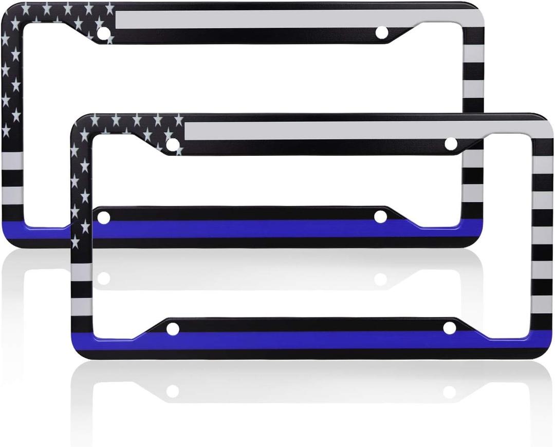 Thin Blue Line Black American Flag License Plate Frame, American Flag Car Tag Frame, Back and Front License Plate Frame 2 Pack