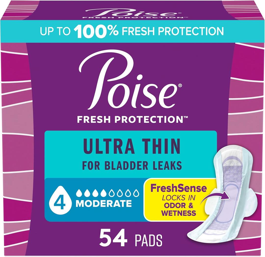 Poise Ultra Thin Incontinence & Postpartum Pads with Wings for Bladder Leaks, 4 Drop Moderate Absorbency, Regular Length, 54 Count, Packaging May Vary