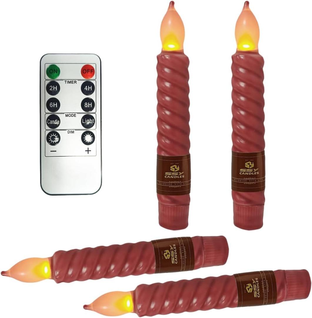 6.5 Inch flameless Candles with Remote Control and Timer Set of 4 LED Flickering Battery Operated Plastic Taper Candles for Wedding Party Easter Gift(Red)