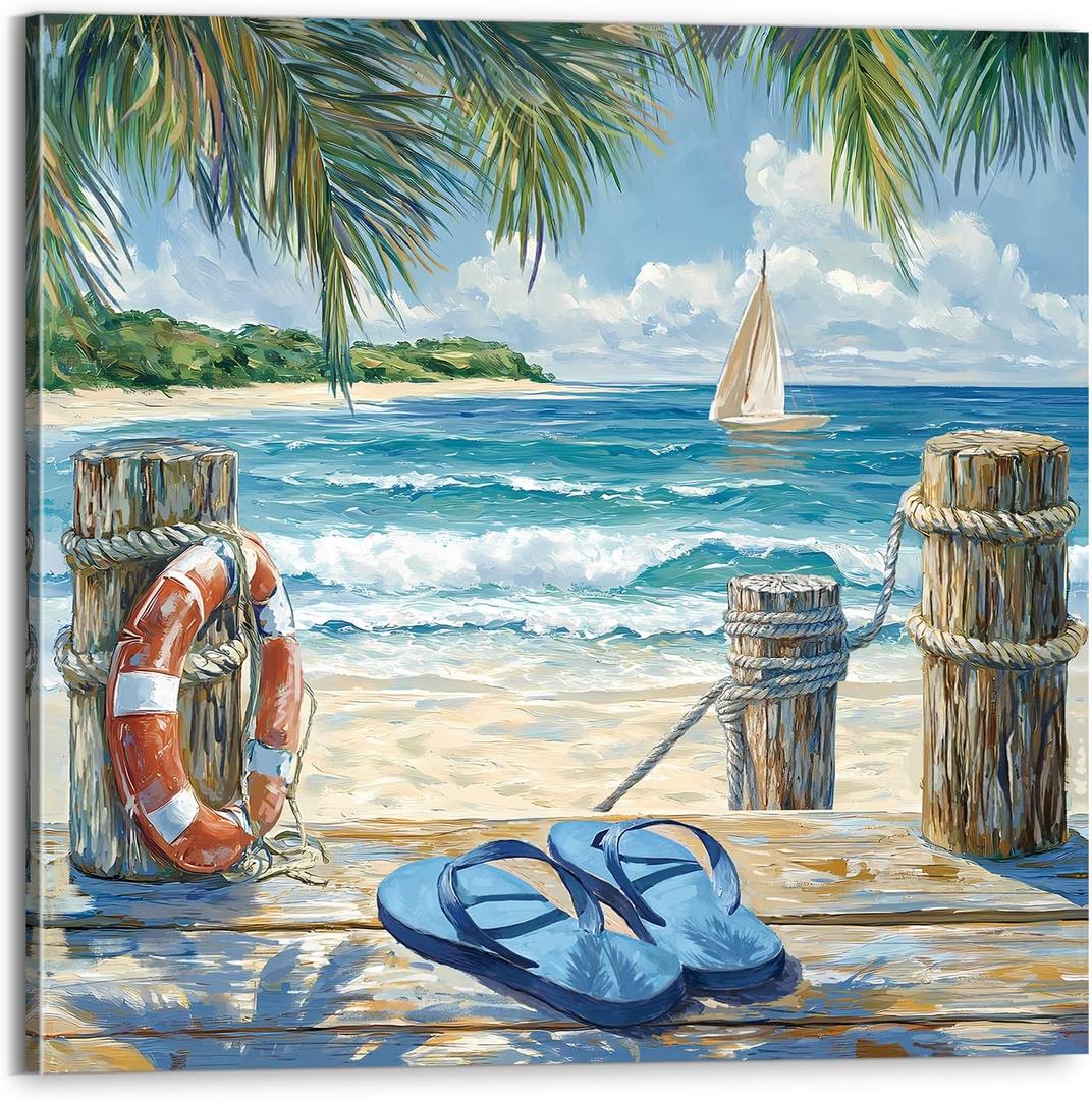 YUEYARIT Wall Decor Blue Ocean Beach Picture Canvas Print Art, 20"L x 20"W