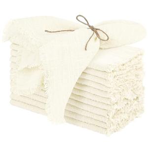 TURSTIN 12 Pieces Cotton Linen Cloth Napkin Handmade Cloth Napkin with Fringe 15 x 15 Inch Soft Cloth Dinner Wedding Napkin Square Rustic Fringe Napkin for Dinners, Parties, Weddings, Ivory