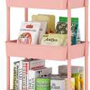 Sywhitta 3-Tier Plastic Rolling Utility Cart with Handle, Multi-Functional Storage Trolley for Office, Living Room, Kitchen, Movable Storage Organizer with Wheels, Pink
