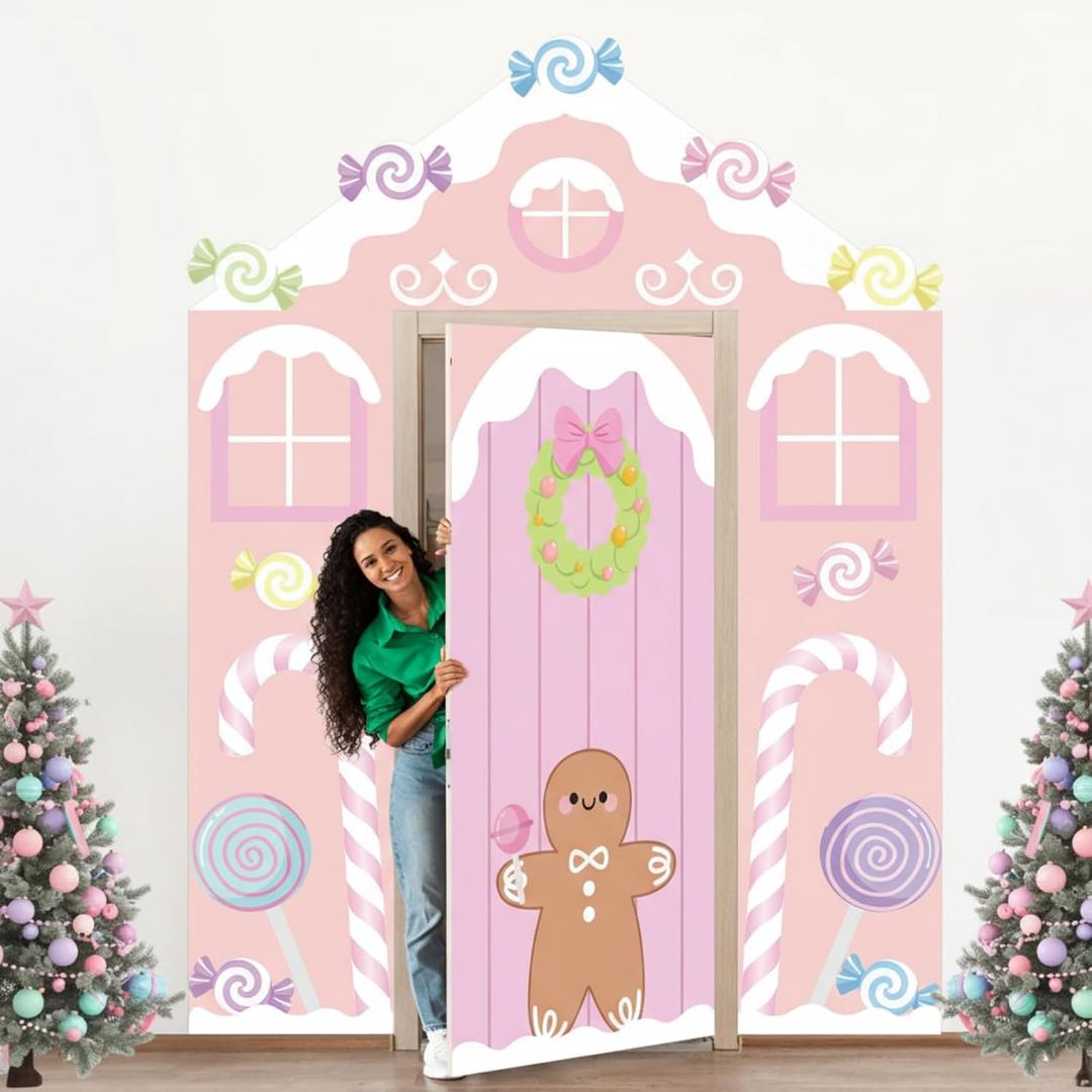 4 Pcs Pastel Candy Christmas Gingerbread Door Covers Decoration Xmas Pink Gingerbread House Candy Door Backdrop Christmas Photo Booth Props Porch Sign for Holiday Classroom Home Party Decor