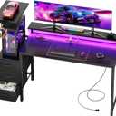 HLDIRECT 60 Inch Gaming Desk with Power Outlets & LED Lights, Black