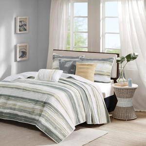 Madison Park Quilt Set Cottage Coastal Design, 6 Piece Set - All Season, Coverlet Bedspread Lightweight Bedding Layer, Shams, Toss Pillows, Full/Queen(90 in x 90 in), Yellow/Grey