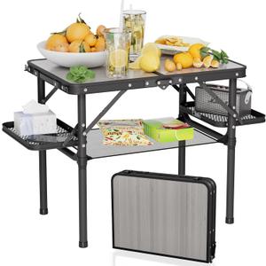 Titanker Folding Camping Table 2ft, Small Folding Camp Table Portable with 50% Extra Space, Small Picnic Table, Portable Beach Desk, Car Camping Essentials, Aluminum Light & Solid (Light Oak & Storage Net)