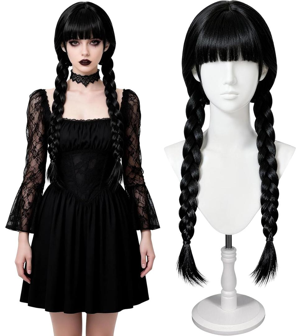Women's Gothic Black Braided Wig with Bangs - Long Straight Twin Ponytail Synthetic Fiber Wig for Halloween & Party Costumes