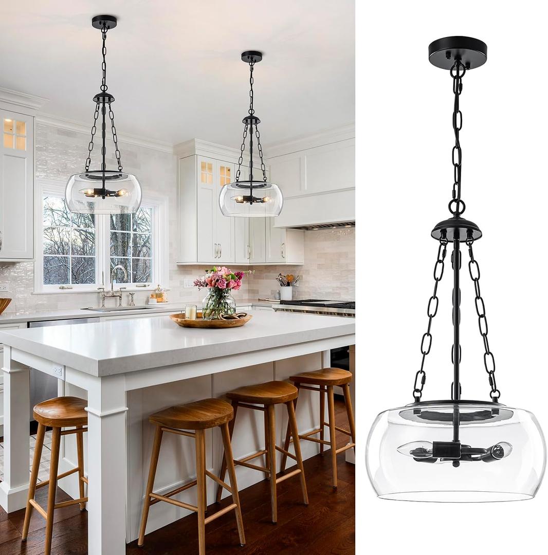 13.78 Inch Black Farmhouse Glass Pendant Lights