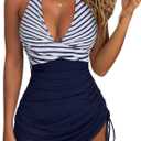 SUUKSESS Women Sexy One Piece Swimsuit Tummy Control Bathing Suit Mesh Swimdress (Blue, L)