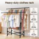 No-assembly Clothes Rack，Double Rod 59-Inch Rolling clothing rack