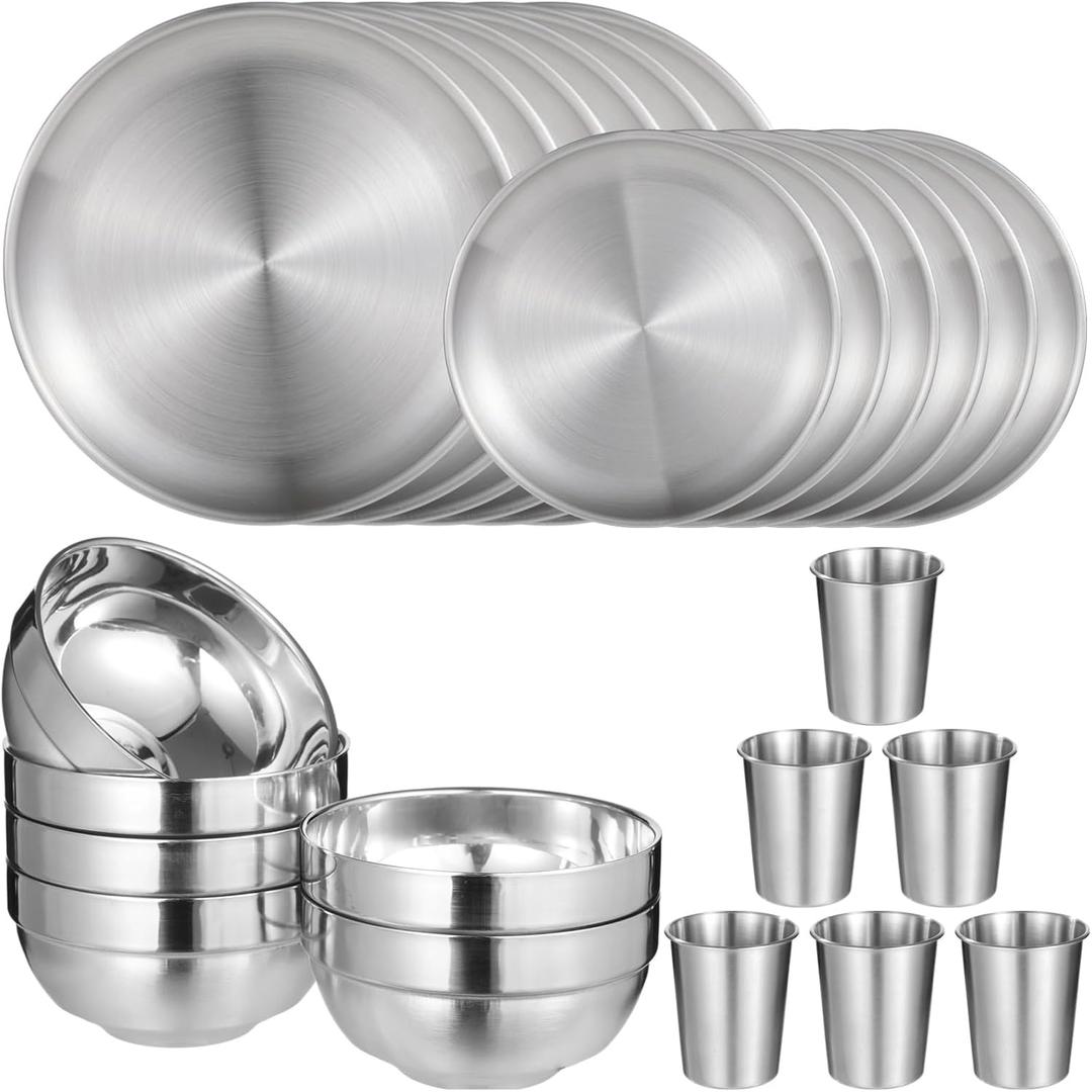 24 PCS Stainless Steel Dinnerware Set, Includes 12PCS 6.7 & 10.2 in Plates, 6 Pieces Bowls and 6 Pieces Cups, 304 Reusable Camping Mess Kits for Home Kitchen, Dorm and Outdoor Picnic (Silver)