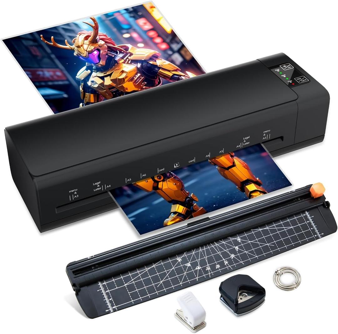 13 Inch Laminator Machine, A-3 9-in-1 Thermal Laminator with Sheets for Hot & Cold Laminating Machine, Features Fast 60-Sec Warm Technology and Never-Jam Design for Home,Office,or School Use (Black)
