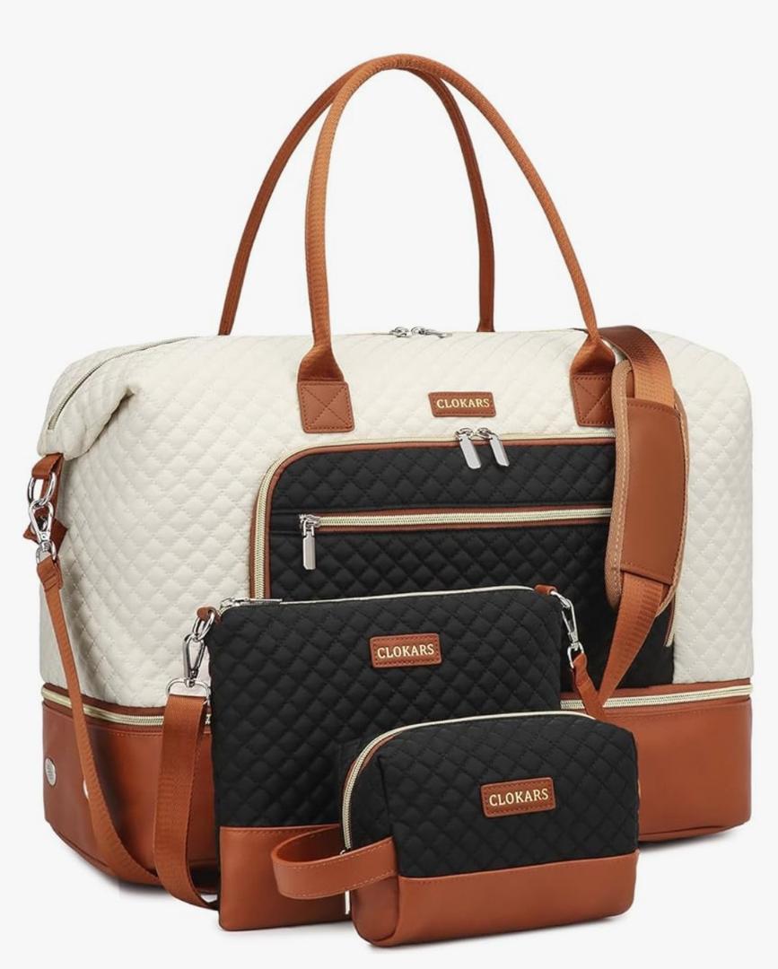 CLOKARS Weekender Bags for Women, Travel Duffle Bag Carry On Overnight Bag with Cosmetics Bag and Crossbody Purse for Gym Hospital, Gifts for Women, Beigeblack Brown