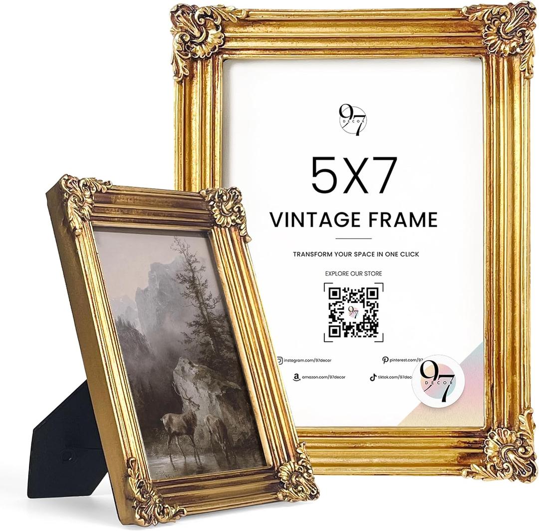 97 Decor Rustic 5x7 Gold Picture Frame- Gold Vintage Frame 5x7, Antique Golden Photo Frames 5 By 7 Picture Frame, Ornate Frames For Tabletop And Wall Hanging
