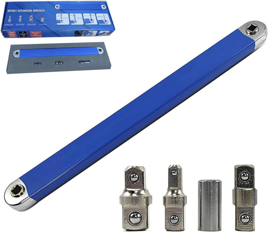 Offset Extension Wrench, 15.4" Offset Extension Wrench Extender Set 2025 New with 1/4",3/8",1/2" Square Drive Adapters and 1/4" Socket (Blue)