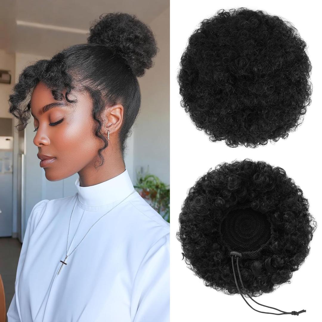 100% Human Hair Afro Puff Drawstring Ponytail for African Black Women GirlsShort Afro Curly Bun Extension Kinky Curly Short Extensions Hairpieces - 1B Natural Black Small Size - 1 Pieces