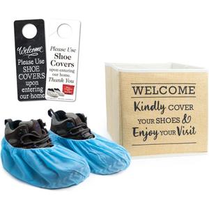 Premium Linen Look Foldable Shoe Cover Bin, Indoor Real Estate Bootie Box, Open House Supply w/ 10 Pair Shoe Covers and Please Use Shoe Covers Double Sided Door Hanger; Linen Bin w/10 Pair Shoe Covers