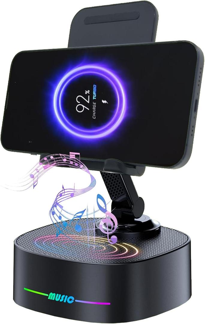 Bluetooth Speaker with Wireless Charging and Cell Phone Stand,Best Speaker Stand for iPhone/iPad/Samsung Galaxy,HD Surround Sound Perfect for Home and Outdoors,Creative Gift (Black)