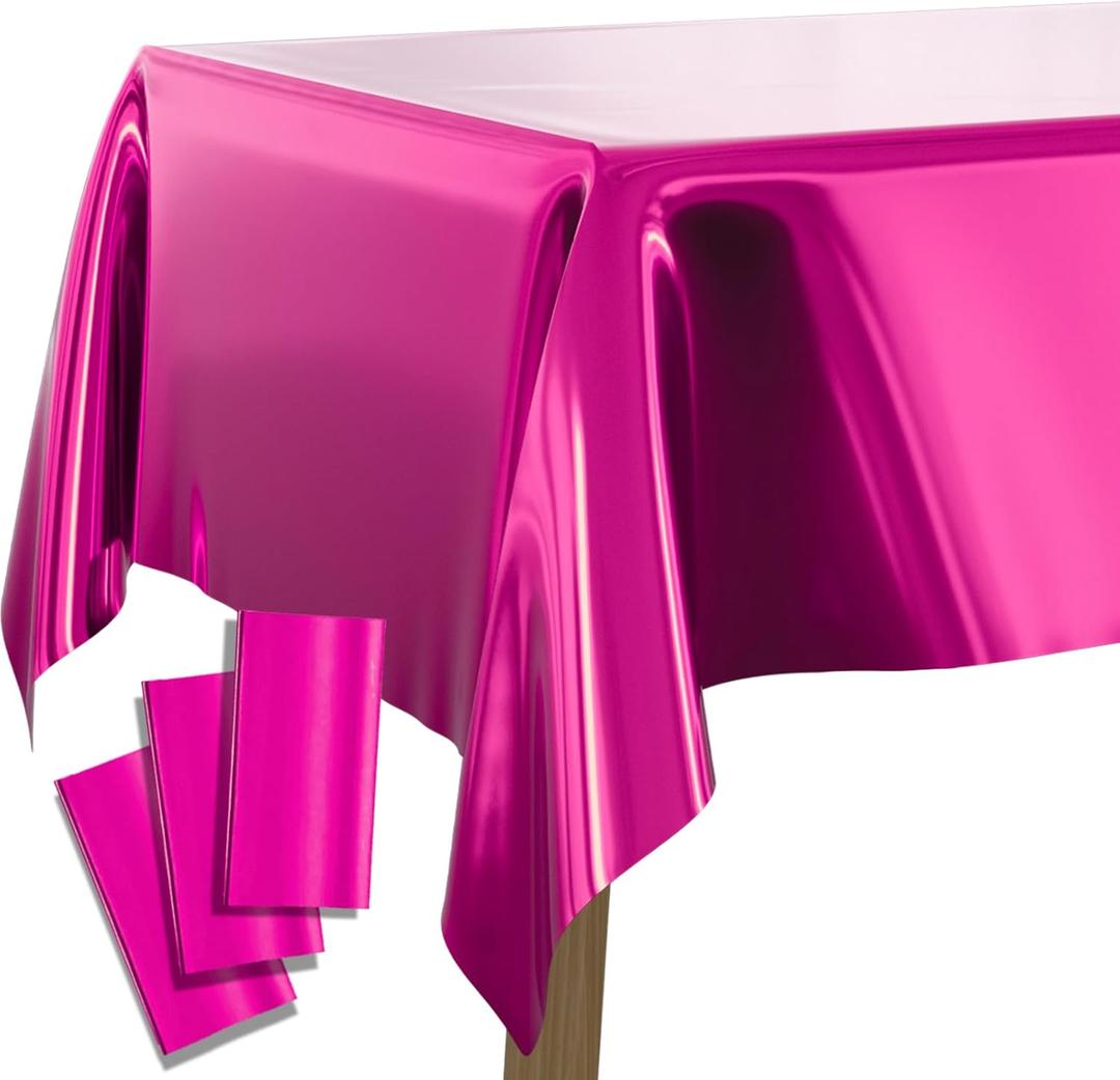 PartyWoo 3 pcs Hot Pink Foil Table Cover, 54 x 108 Inch Rectangle Waterproof Tablecloth for 6 to 8 Foot Tables, Disposable Plastic Party Tablecloth for Bachelorette Birthday Party Decorations