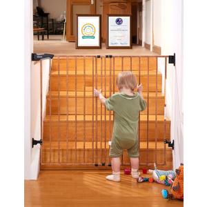 Babelio 34" Extra Tall Baby/Dog Gate with No Threshold Design Walk Thru Door, 26-43" Auto Close Safety Gate for Babies, Elders and Pets, Fits Doorways, Stairs, and Entryways, Brown Wood Pattern
