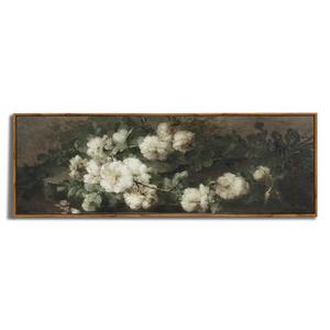 Framed Canvas Wall Art for Bedroom - Long Horizontal 13.5x40" Above the Bed - Vintage Farmhouse French Country Room Decor - Rustic White Rose Flower Floral Oil Painting - Cottagecore Aesthetic Living
