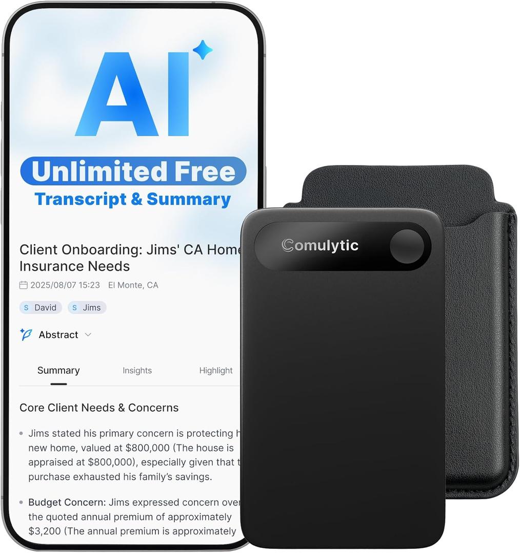 Comulytic Note Pro AI Voice Recorder, Unlimited Transcribe & Summarize, AI Note Taking Recording Device w/Case, App Control, 113 Languages for Calls, Meetings, Lectures, Interviews, Black