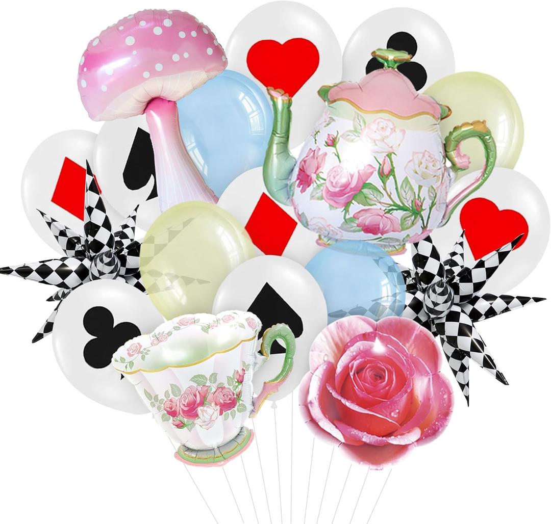Teapot Mushroom Rose Balloons Checkered Poker Balloon Lets Par-Tea Garden Fairy High Tea Theme Foil Decor Onederland 1st First Birthday Girl Tea for Two Party Decorations Supplies for Little Girls
