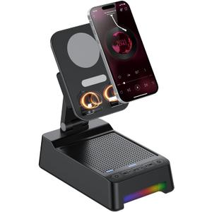 Wireless Induction Speaker 5-in-1 Bluetooth Speaker with Phone Stand, Father's Day Present, Stereo Sound 8 RGB Ambient Light, 360° Rotation Adjustable Desktop Stand for iOS Android