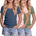 3 Pack Girls Shirts Scoop Neck Ribbed T Shirts Teens Short Sleeve Slim Fit Summer Tees for Kids Age 5-14