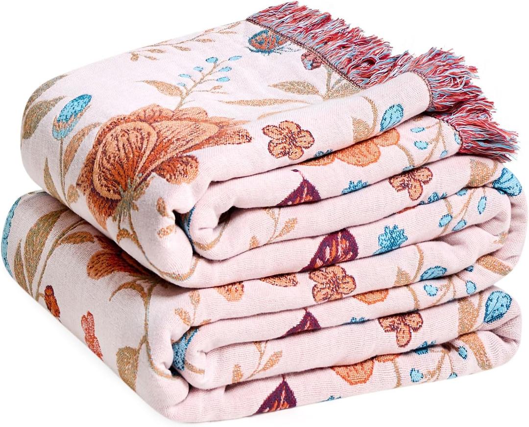 Boho Throw Blanket - 100% Cotton Ultra Soft Muslin Blanket, 60"x80" Lightweight Floral Butterfly Framhouse Bedding Spring Blanket for Bed, All Season Beige Bohemian Bedroom Home Decor Quilt