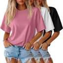 Huukeay 3 Pack Women's Half Sleeve T-Shirts, Crew Neck Elbow Length Tops Loose Casual Basic Tees Summer Cotton Tunic Tops (XX-Large, Black, Peach Pink, White)