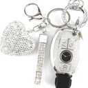 Key Fob Cover with Diamond Keychain Car Key Holder Compatible with Mercedes Benz C E M S CLS CLA GLK GLA GLC GLE AMG Class Protector for Women, 3 Buttons (Silver-Heart)