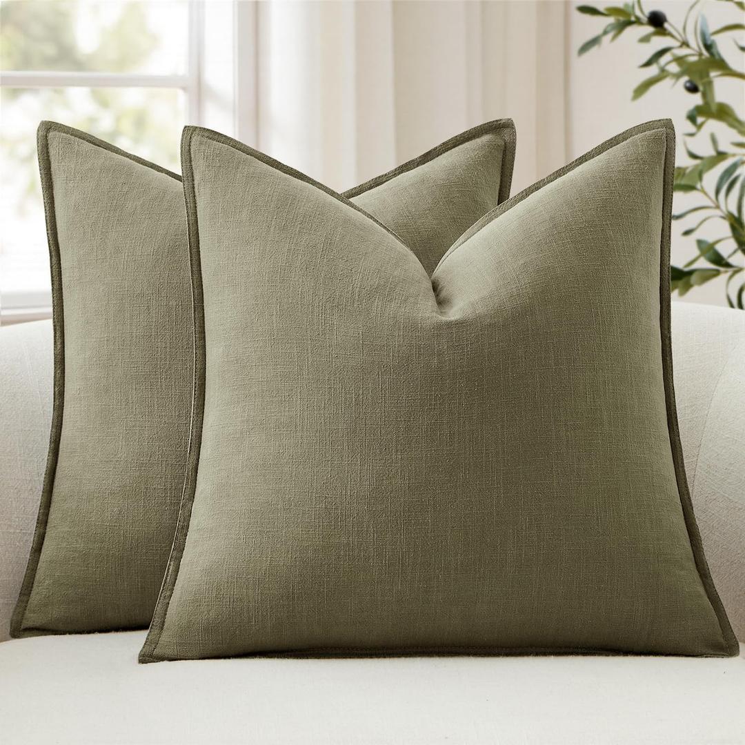 ANRODUO Pack of 2 Decorative Linen Pillow Covers Light Olive Green Euro Sham Neutral Farmhouse Boho Soild Cushion Case Soft Accent Pillowcase for Couch Sofa Bedroom Living Room Home Decor 22 x 22 Inch