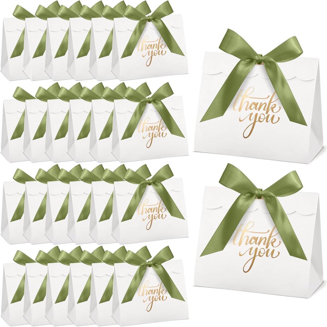 CINSOEN 24 PCS Small Thank You Gift Bags, 4.7x4.1x2.5 Inches Mini Baby Shower Favors White Party Favor Bags with Sage Green Ribbon Candy Gift Boxes for Valentine Wedding Bridal Birthday Party