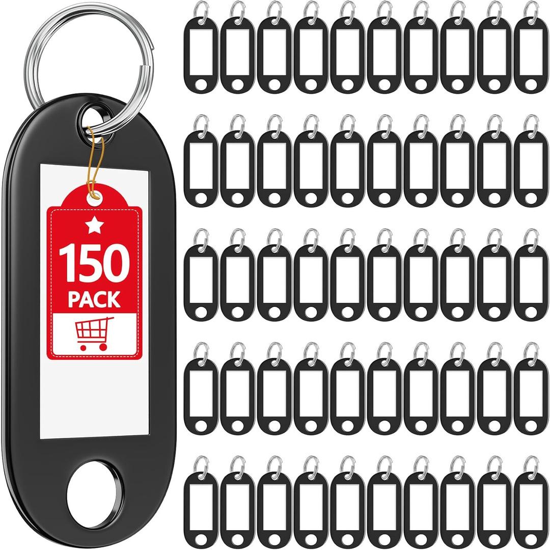150 Pack Plastic Key Tags with Labels, Black Key Labels Markers Keychain Label Name Identifiers ID Tags with Split Ring for USB Drive Pets Bags Luggage Suitcase Storage