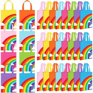 Kajaia 32 Pcs Rainbow Party Favor Bags Rainbow Goodie Bags Reusable Non-woven Pouches with Handle for Baby Shower Birthday Party Supplies, 8 Colors
