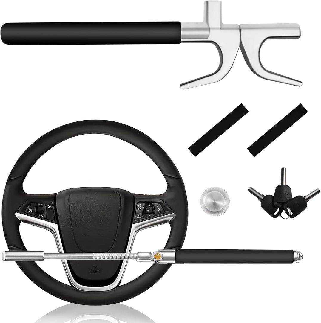 Steering Wheel Lock,Universal Retractable Car Steering Wheel Lock,Vehicle with Adjustable Anti-Theft Protection with Bonus Safety Hammer - Suitable All Cars, Gifts. (Black)