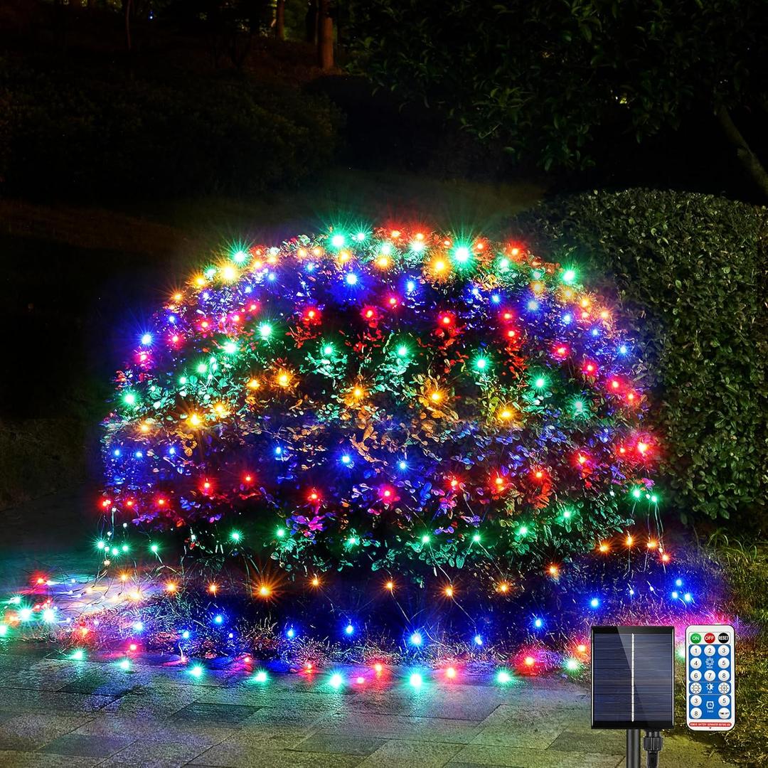 WBao Solar Christmas Lights Outdoor 360LED 11.5ft x 6.9ft Christmas Net Lights with Remote, 8 Lighting Modes, Timer, Waterproof for Lawn, Bushes, Shrubs, Trees Outdoor Xmas Decorations, Multicolor