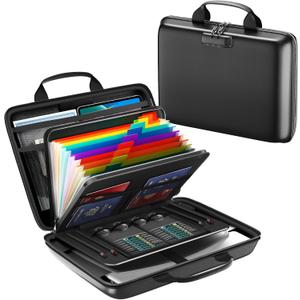 Fireproof Document Box, Hard Case Fireproof File Organizer with Lock and 13 Pocket Accordion File Folder, Portable Safe Box for Home Office Travel to Storage Important Documents Laptop Black